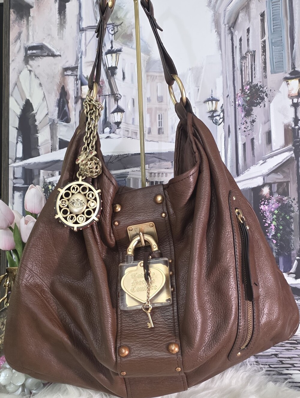 Auth Vintage Juicy Couture Brown Leather Shoulder Hobo with Gold Hardware Charm